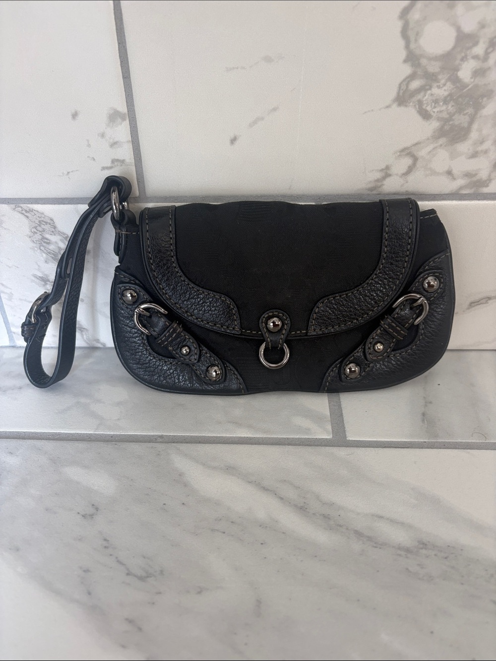 Vintage Juicy Couture Baguette Wristlet Clutch Black Canvas Leather Silver Y2K
